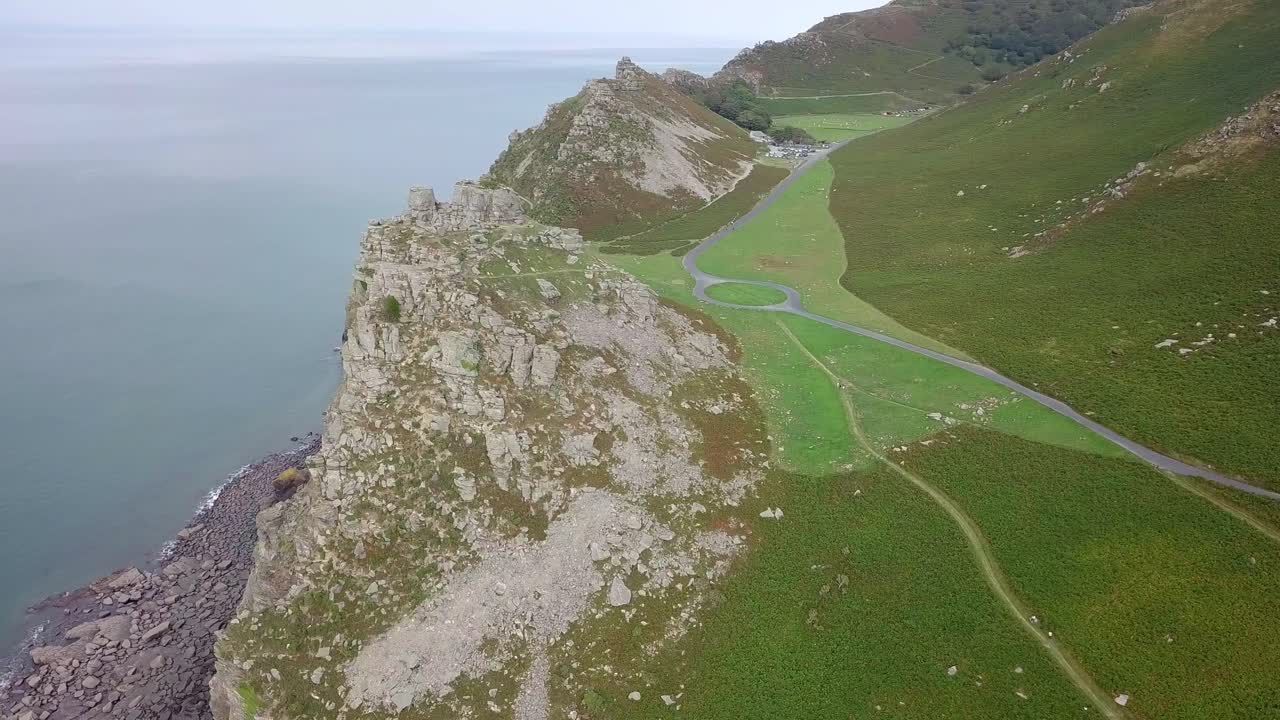 Aerial view of cliffs and coastal landscape