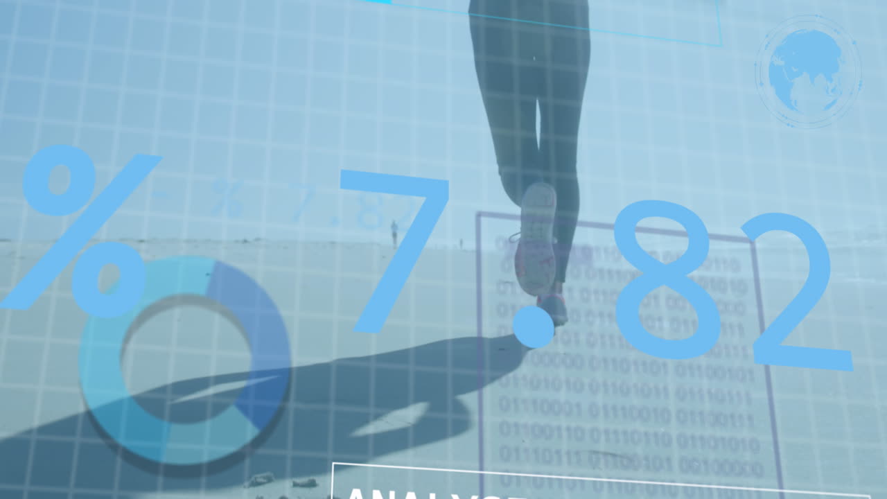 해변에서 달리는 여성의 낮은 부분에 대한 데이터 처리 인터페이스의 애니메이션