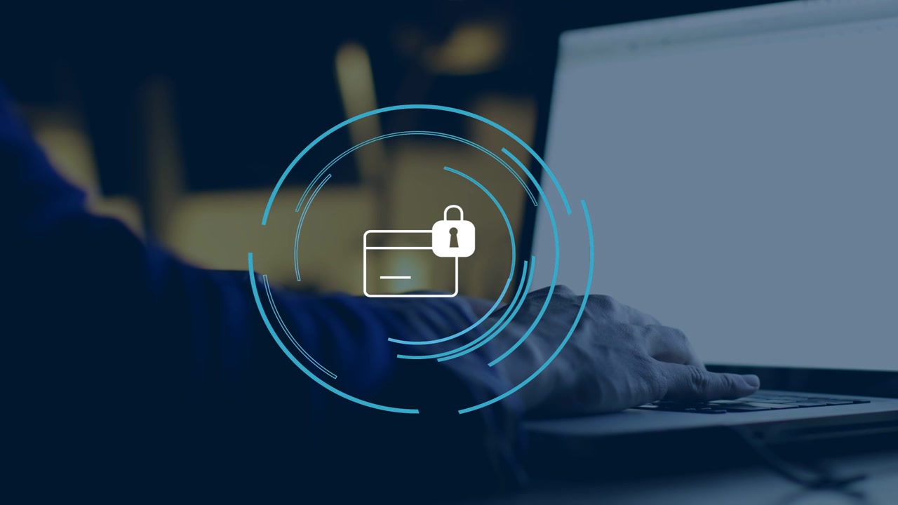 Hand resting on laptop, screen causing secure HUD showing, rings rotating showing payment security