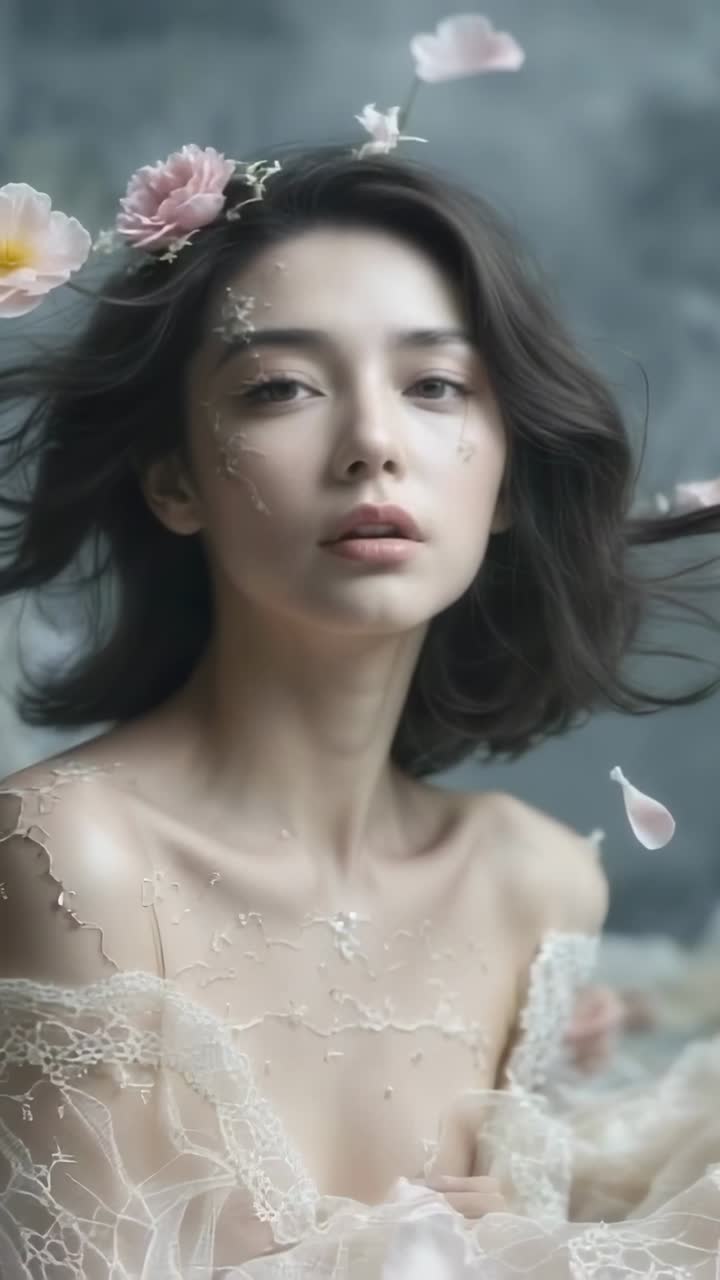 Vertical video: Studio fan blowing petals around model wearing sheer lace blossom hairpiece on set