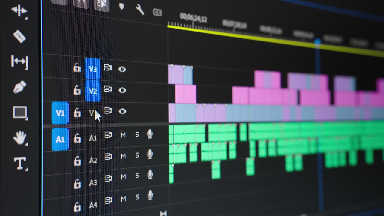 Video editing. Enabling the track targeting function for multiple video and audio tracks on the timeline. Screen close up
