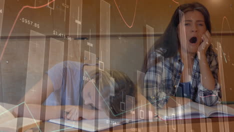 animation of digital data processing over female students falling asleep while studying