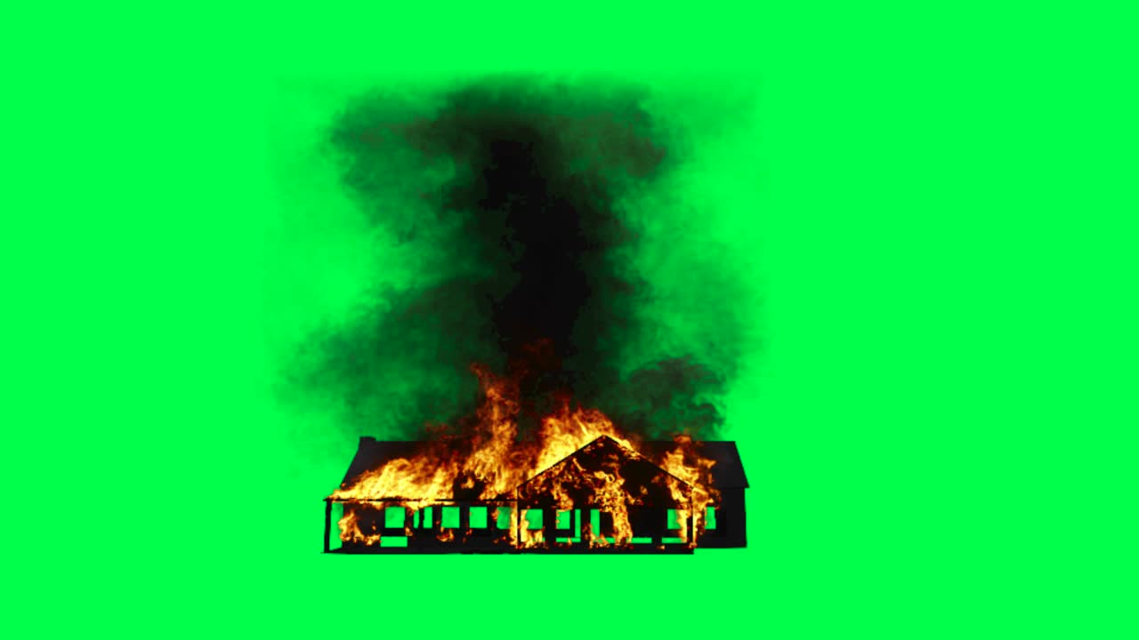 녹색 스크린에서 불타는 집