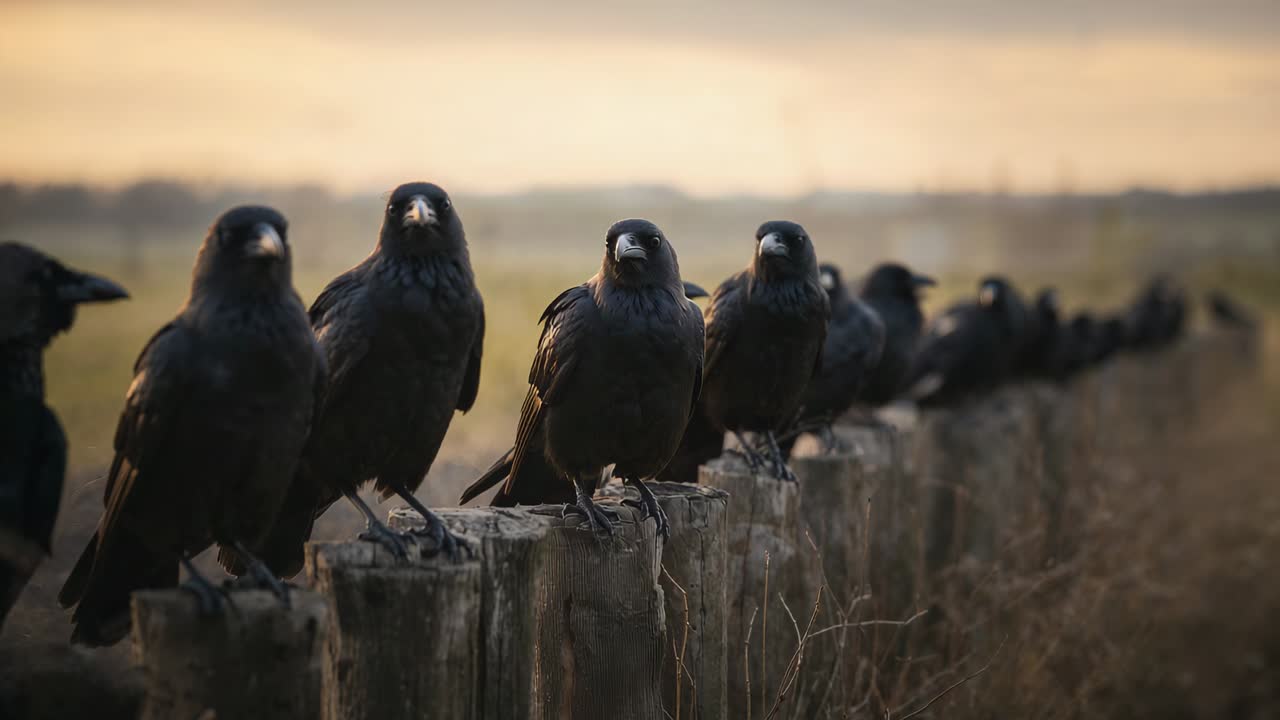 Responding to gentle breeze, crows rotating heads and preening on wooden fence posts at dawn