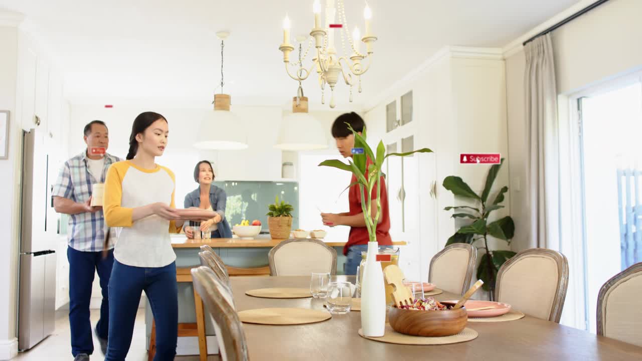 Four adults bringing plates and arranging dining table for food, animated icons floating over hands