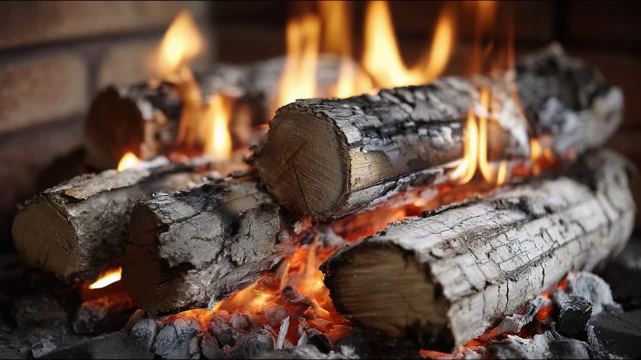 A Warm Embrace of Flames: Captivating Wood Logs Crackling in a Cozy Fireplace, Bringing Comfort and Serenity with Flickering Firelight in a Rustic Setting