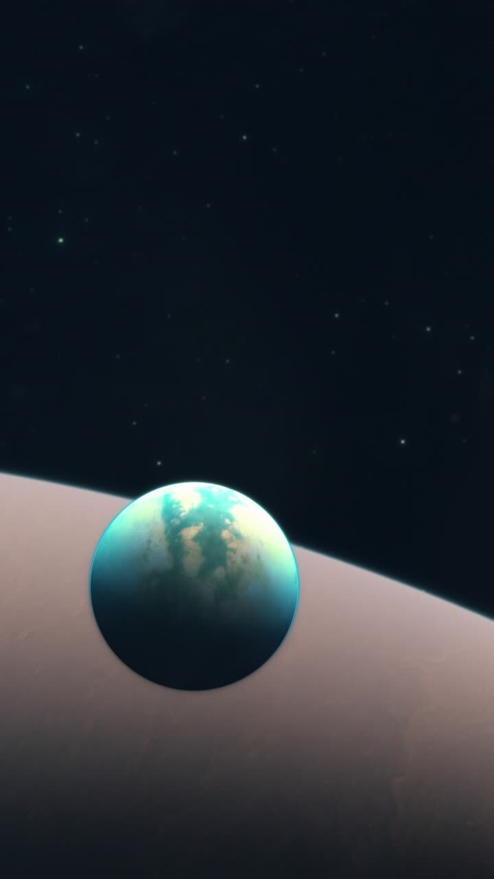 Vertical Medium Shot of Approaching the Moon of Titan with the Gas Giant of Saturn in the Background