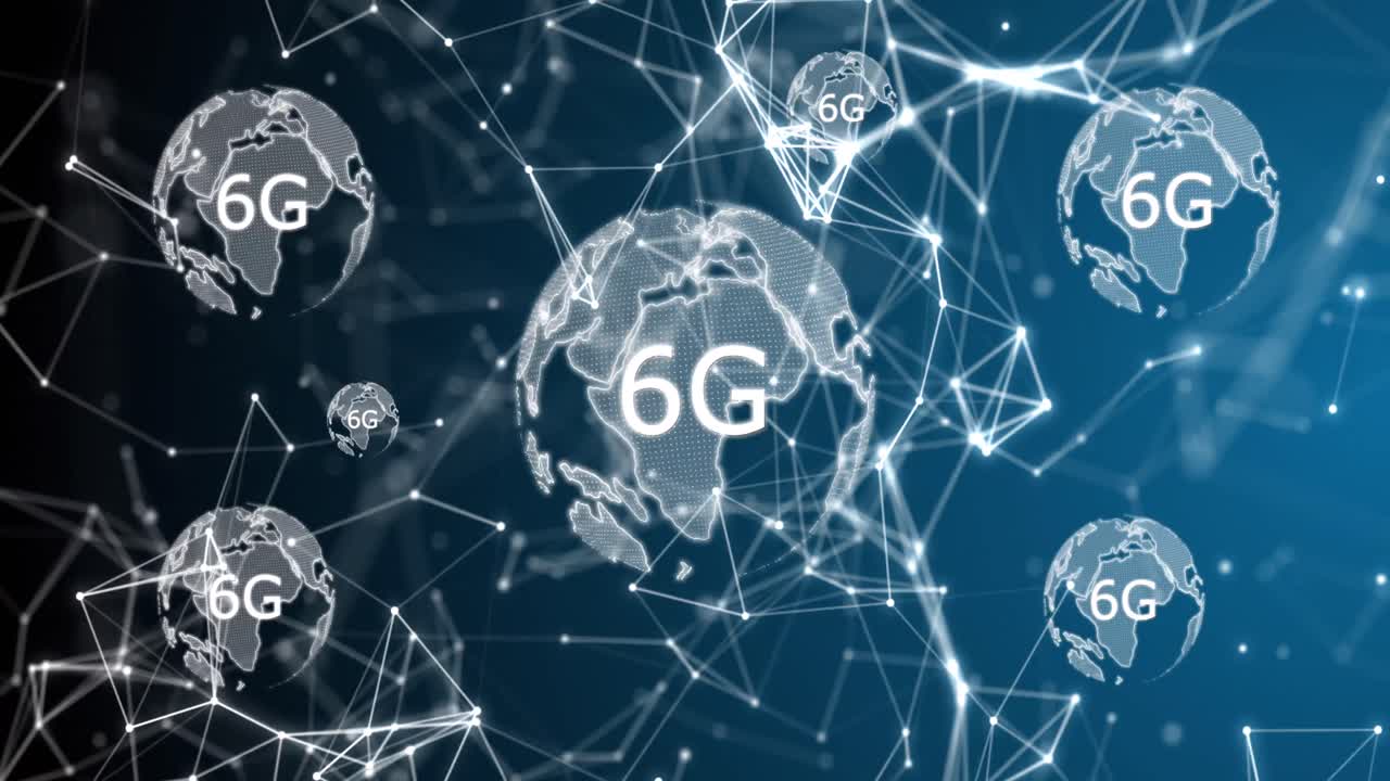 Animation of rotating globes, connections and 6g on navy background