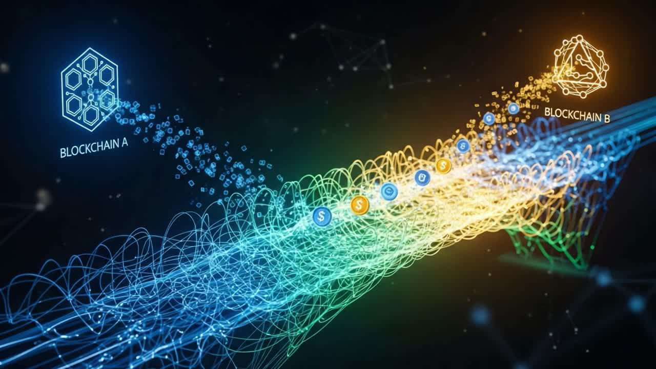 Dynamic Visualization of Data Transfer Between Two Blockchains, Featuring Streamlined Connectivity and Cryptocurrency Representation in a Vibrant Digital Landscape
