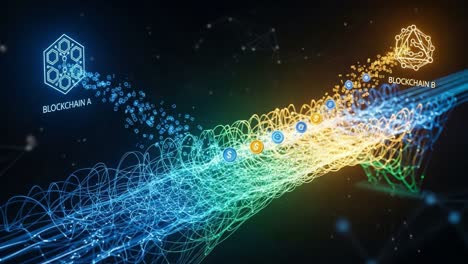 dynamic visualization of data transfer between two blockchains, featuring streamlined connectivity and cryptocurrency representation in a vibrant digital landscape