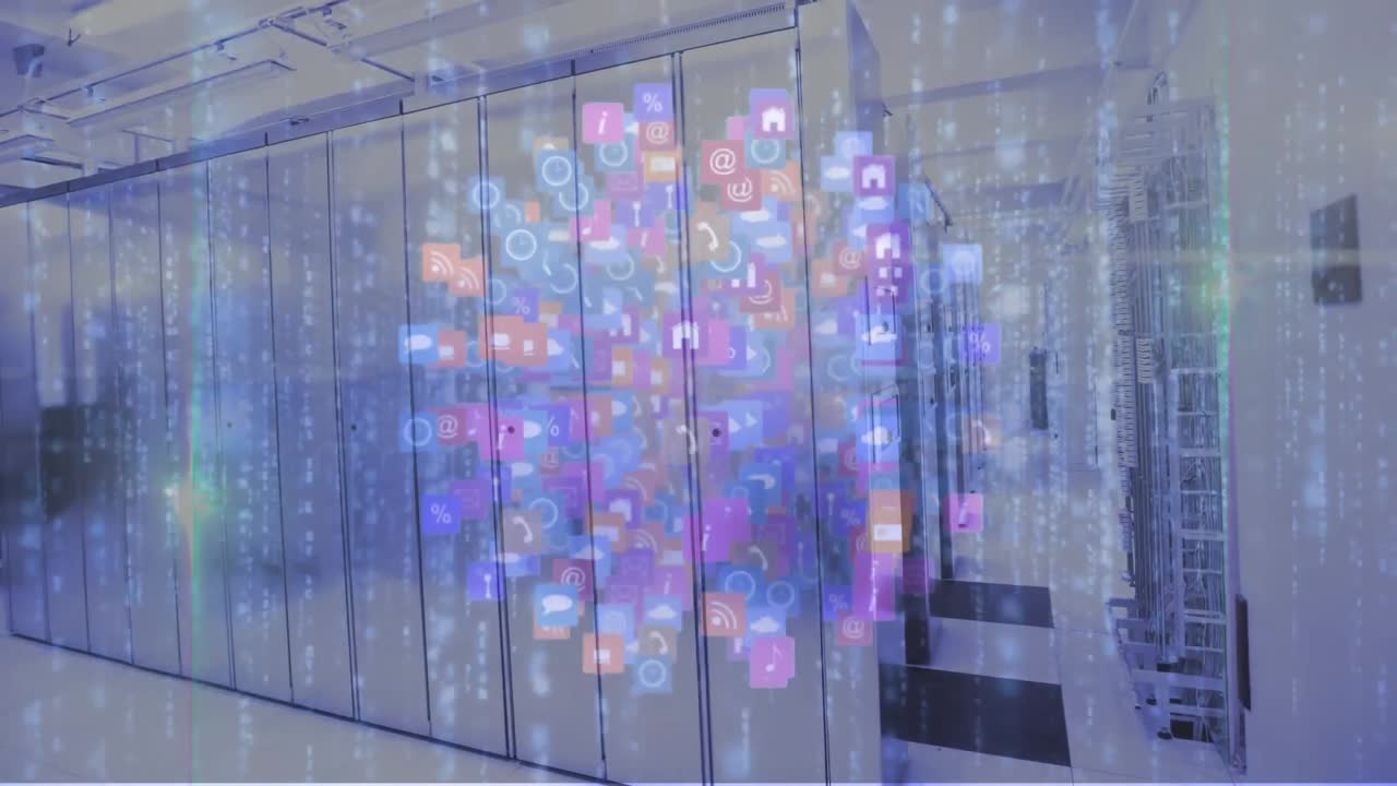 연결 네트워크의 애니메이션과 컴퓨터 서버를 통한 데이터 처리