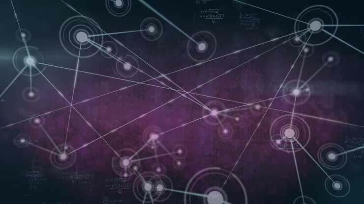 Animation of network of connections with digital icons over purple background