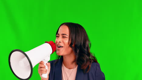 megaphone, speech and woman with news in green