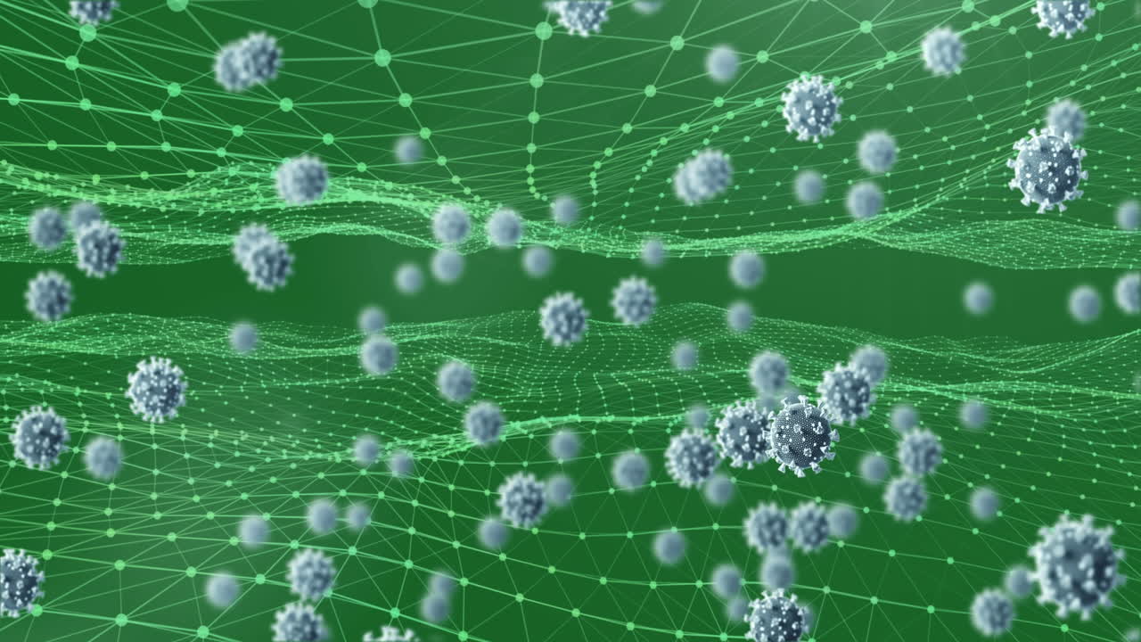 녹색 배경의 디지털 웨이브에 대한 코로나 19 세포