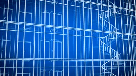 Abstract Beautiful Modern Building Facade Grid Construction Blueprint Seamless. Looped 3d Animation of Skyscraper Exterior and Interior in Lines on Blue Background.