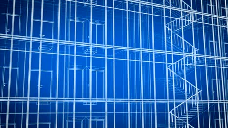 abstract beautiful modern building facade grid construction blueprint seamless. looped 3d animation of skyscraper exterior and interior in lines on blue background.