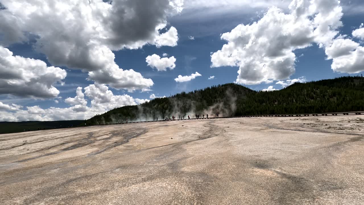 Summer Tourists Visiting Famous Attractions (Grand Prismatic Spring) In Yellowstone National Park, Wyoming, USA. 4K Tourist POV