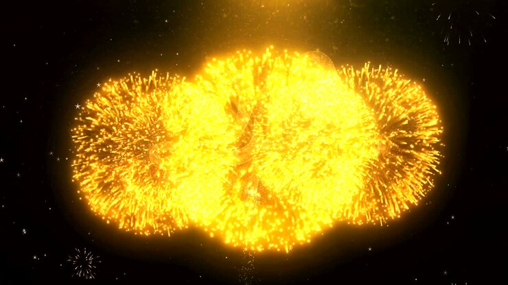 2019 Happy New Year Greeting Card text Reveal from Golden Firework & Crackers on Glitter Shiny Magic Particles Sparks Night for Celebration, Wishes, Events, Message, holiday, festival