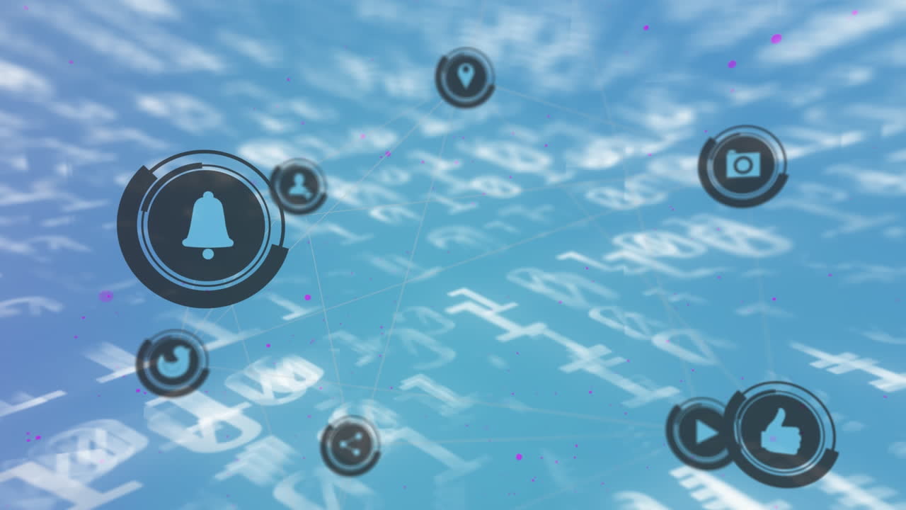 파란색 배경에 데이터 처리 및 미디어 아이콘의 애니메이션