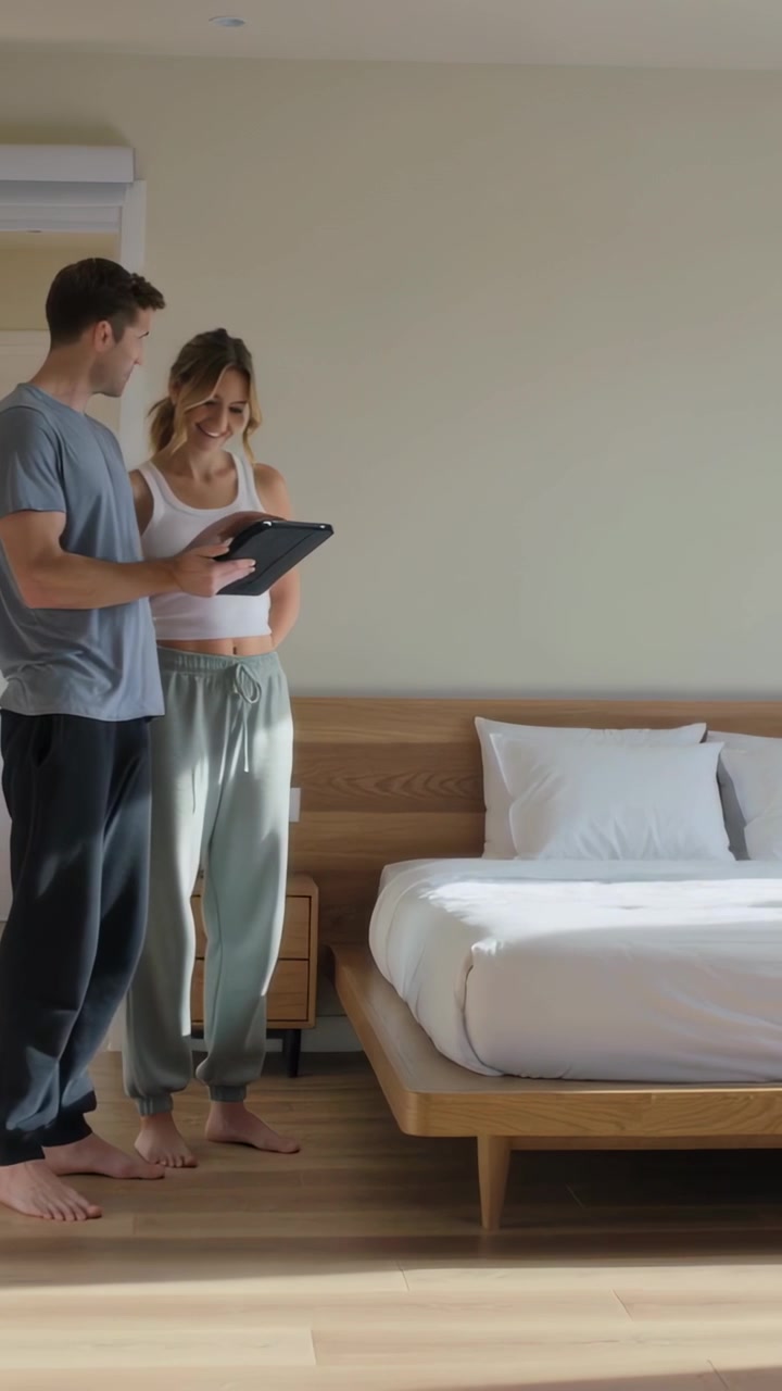 Vertical video: Doorway showing couple man in grey T checking tablet content in room, copy space