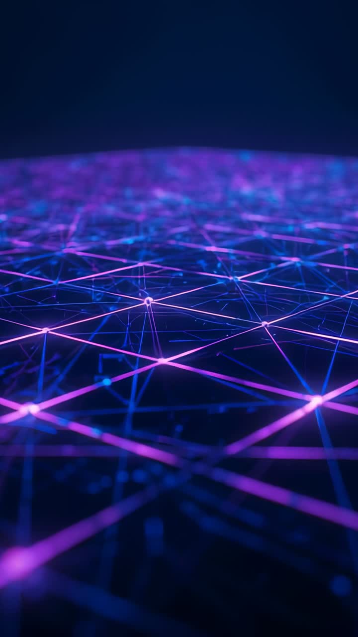 Video verticale: rete a griglia ad anello con nodi luminosi pulsanti e linee al neon incrociate che ruotano nel vuoto