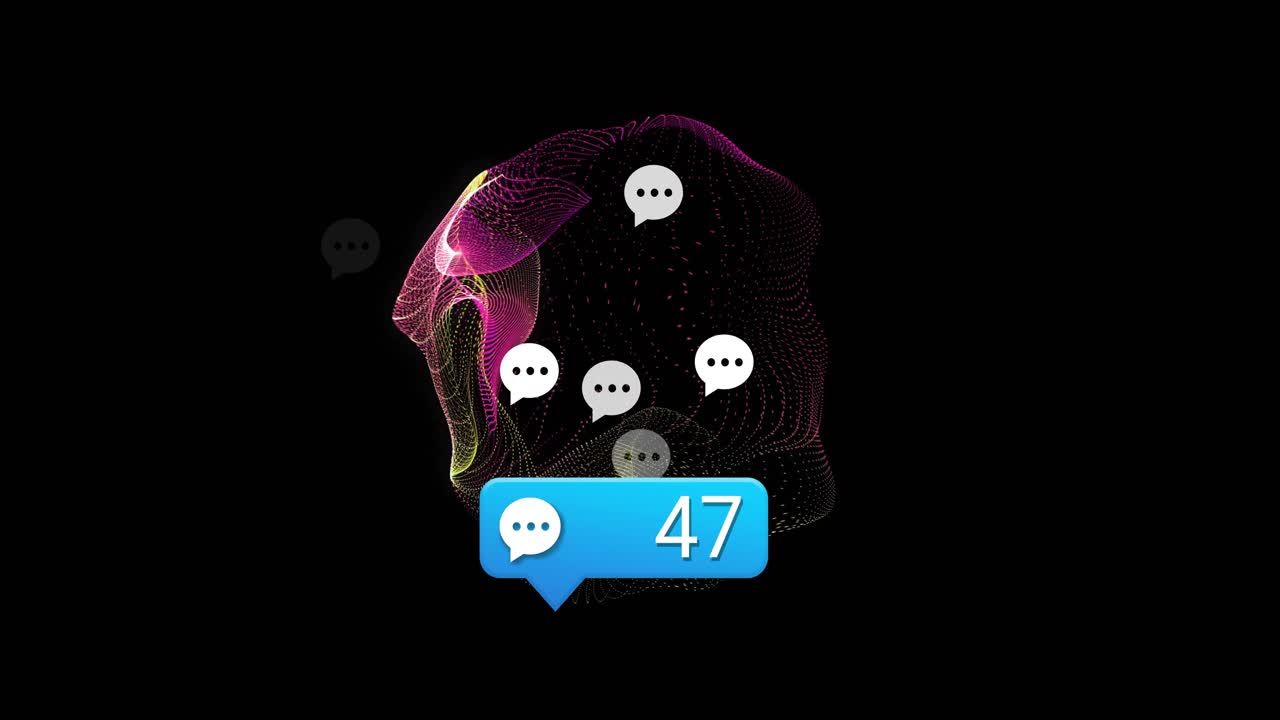 Chatboble opdaterer antal ved en kommentarflod, frembringer ikoner mens bølgeform pulserer for engagement