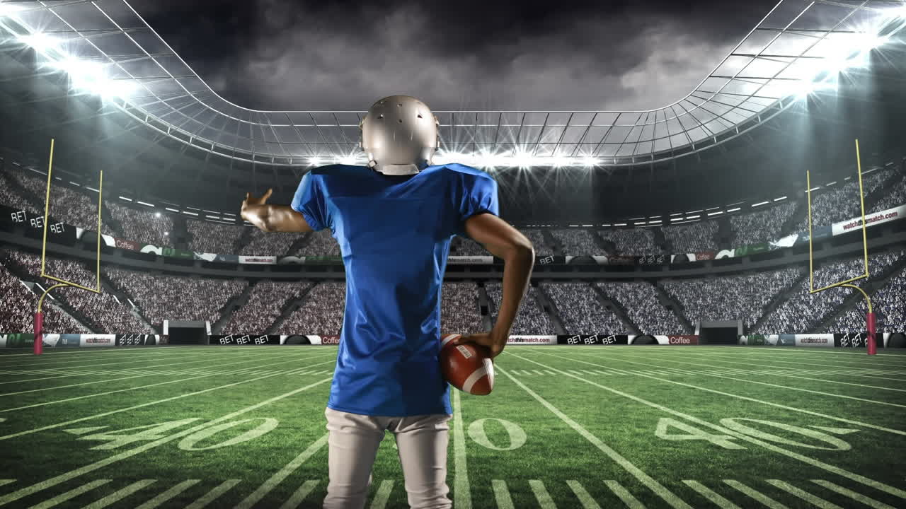Animazione di un giocatore di football americano su uno stadio sportivo