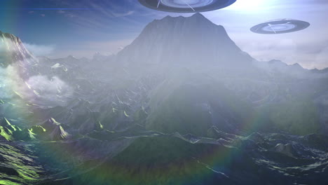 ovnis alienígenas sobre un paisaje montañoso