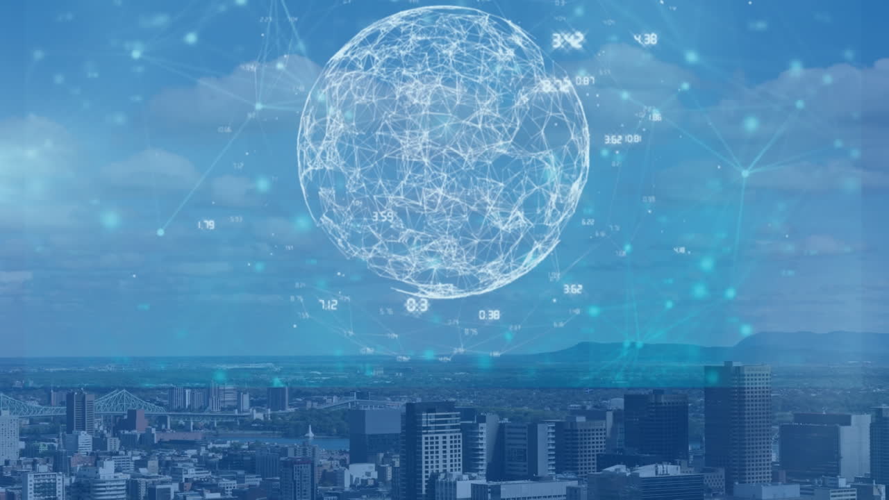 금융 데이터의 애니메이션, 자른 눈, 도시 풍경에 대한 백인 사업가의 손