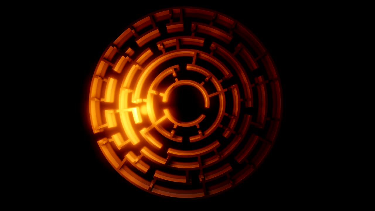 laberinto circular 3d con un destello rojo brillante en un fondo oscuro