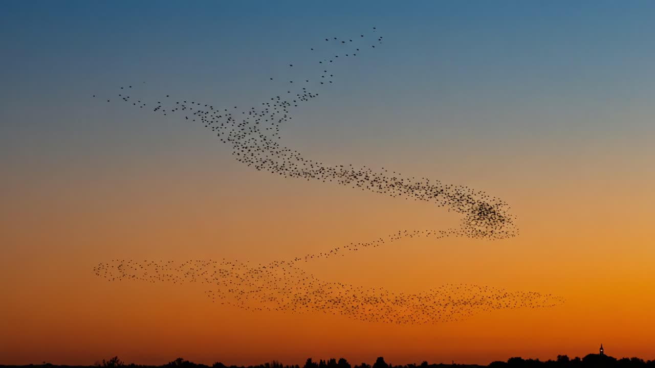 Stunning Display of Flocking Birds Against a Vibrant Sunset Sky, Capturing Nature's Beauty and Movement in Flight with a Breathtaking Gradient of Colors