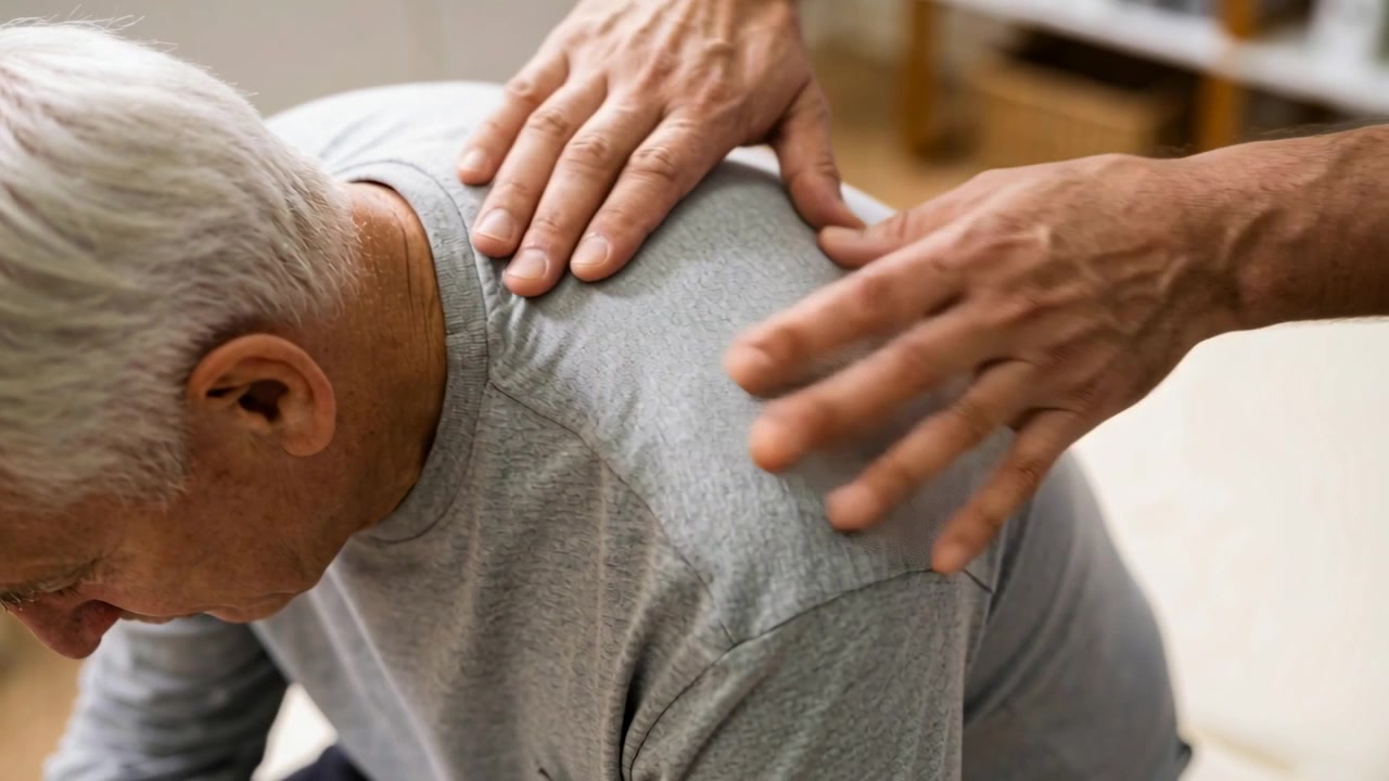 Vårdarens händer palperar en äldre person i grå t-shirt på en bänk efter att patienten böjt sig framåt, för att bedöma.