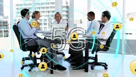 5G-text-over-network-of-connections-icons-against-business-people-discussing-in-meeting-room