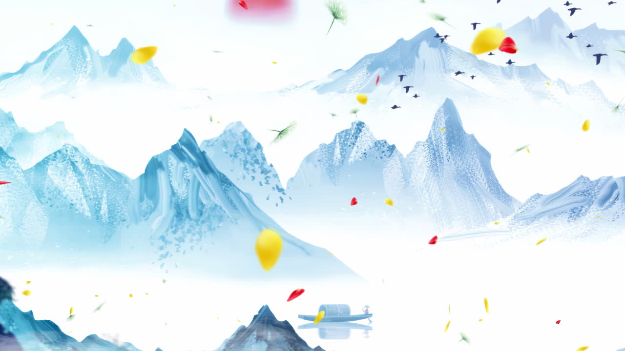 아시안 스타일 무술, 낮 시간, 고대 중국 전통, 일본 풍경 그림, 아름다운 평온한 나무, 산, 꽃, 호수, 물, 새, 파란 하늘, 떠다니는 꽃, 배