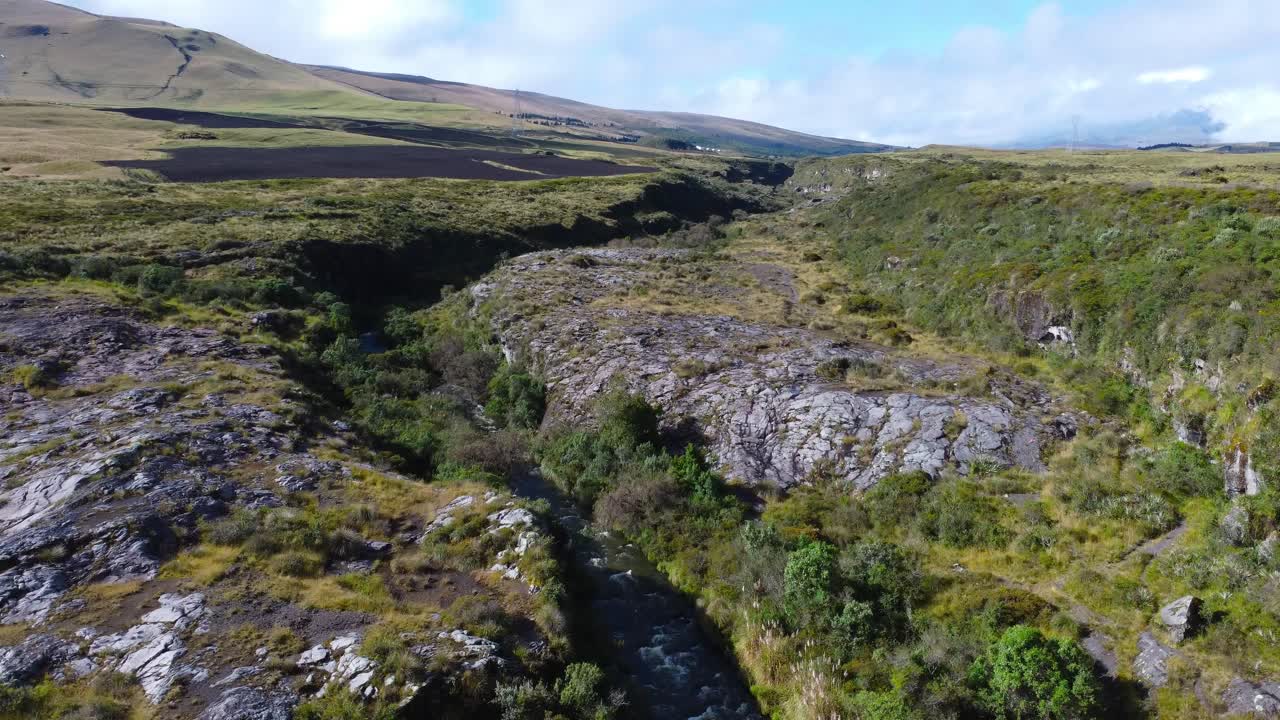 A cinematic aerial dolly-in shot capturing a winding river cutting through the rugged Ecuadorian paramo. The surrounding highland landscape showcases untouched nature and breathtaking scenery.