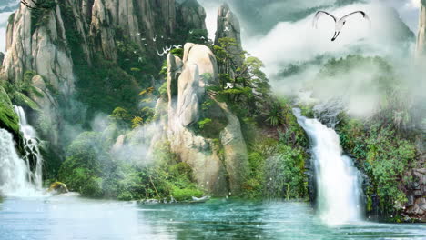 scenic mountain landscape with waterfalls and a lake