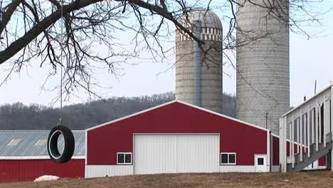 a tire swing hangs from a tree with a bright red barn and silos in the background