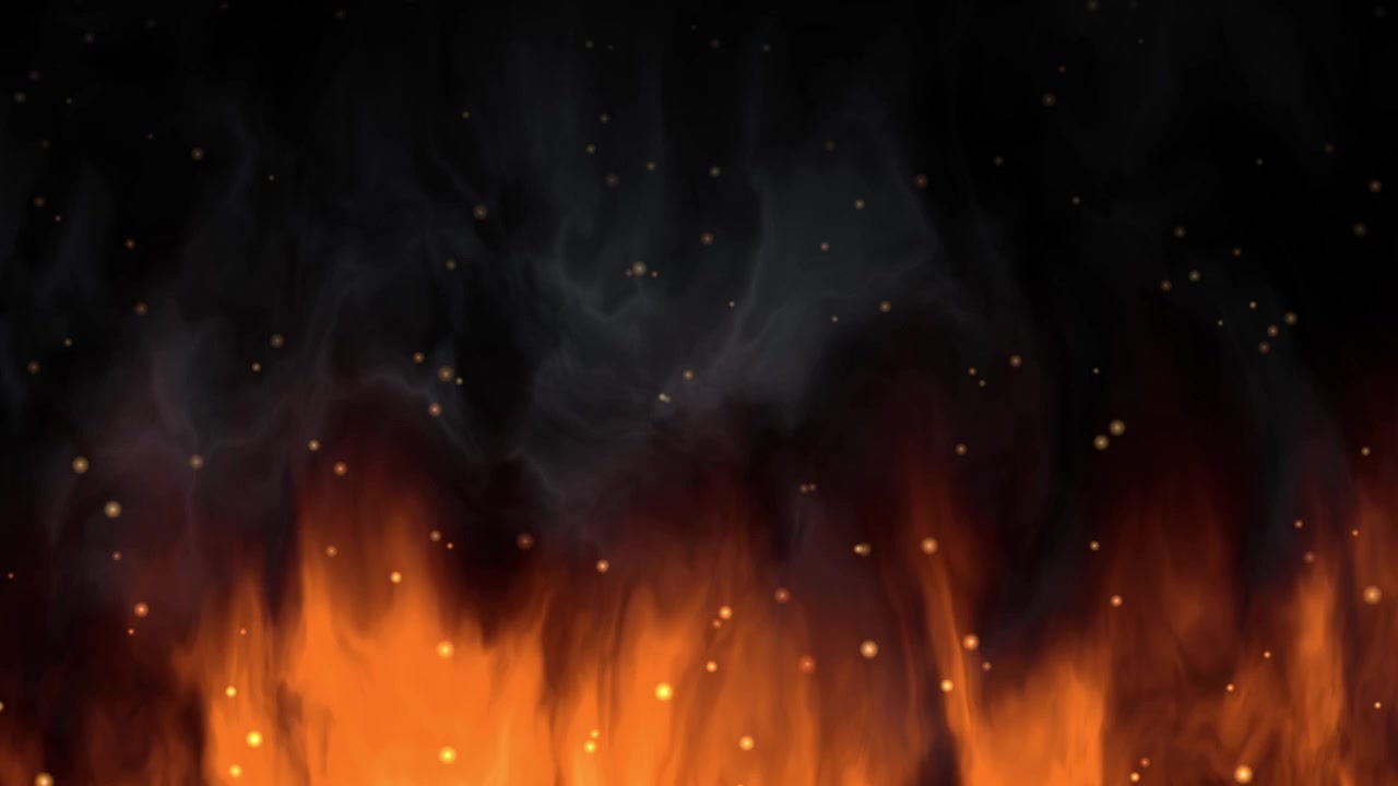 Intense orange flammer og stigende grå røg med glødende gløder mod en mørk baggrund.