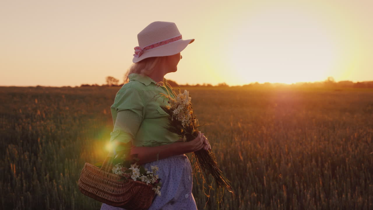 일몰 4k 비디오에서 들판을 돌아다니는 야생 꽃 부케를 들고 모자를 쓴 여자
