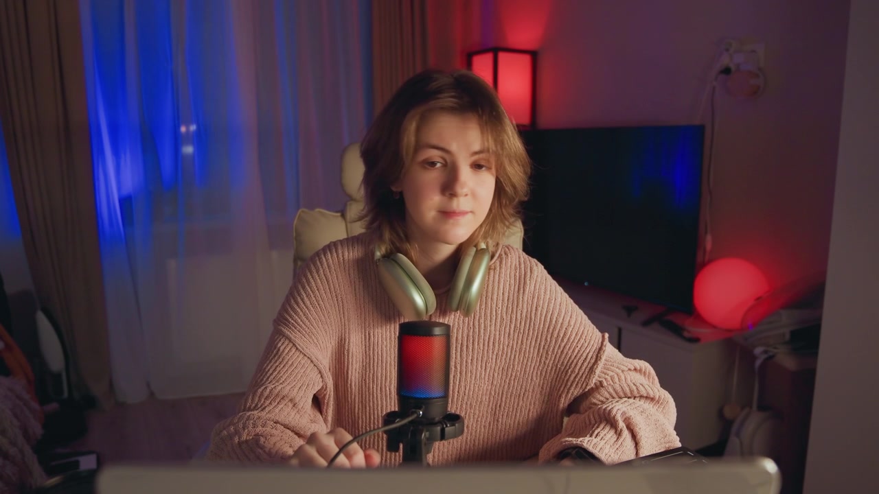 Giovane persona con i capelli ricci siede a una scrivania in un accogliente studio casalingo, parlando in un microfono con filtro anti-pop mentre è rivolta verso la telecamera, con le cuffie appoggiate lì vicino, mani rilassate e un leggero movimento che suggerisce una trasmissione in diretta