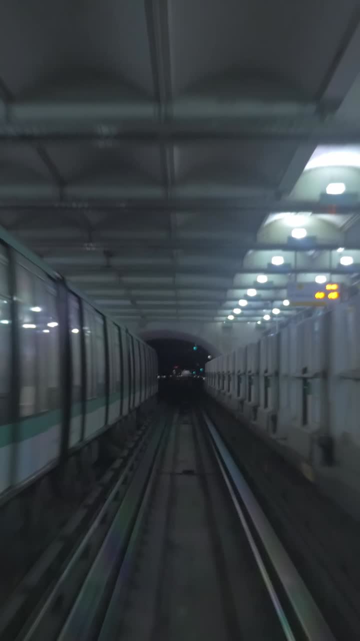 Punto di vista: treno che si muove attraverso un buio tunnel sotterraneo