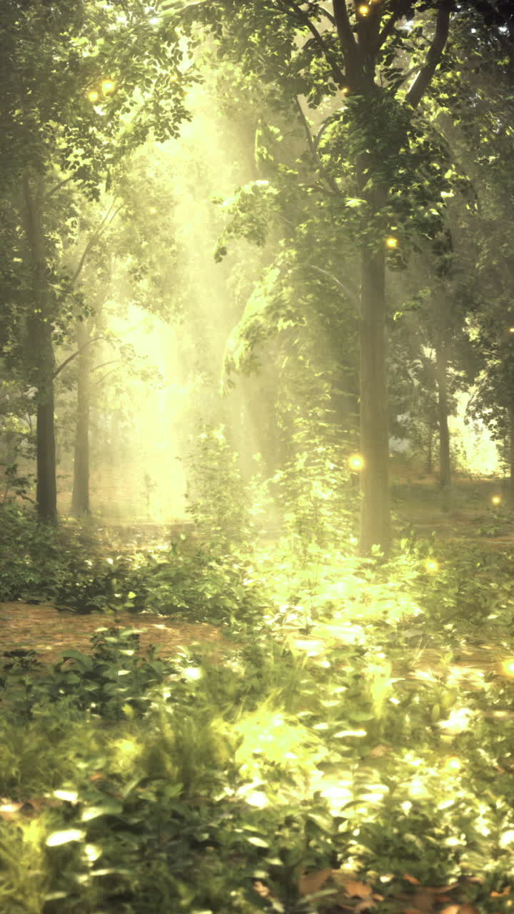 Light filters through trees illuminating a magical forest glade