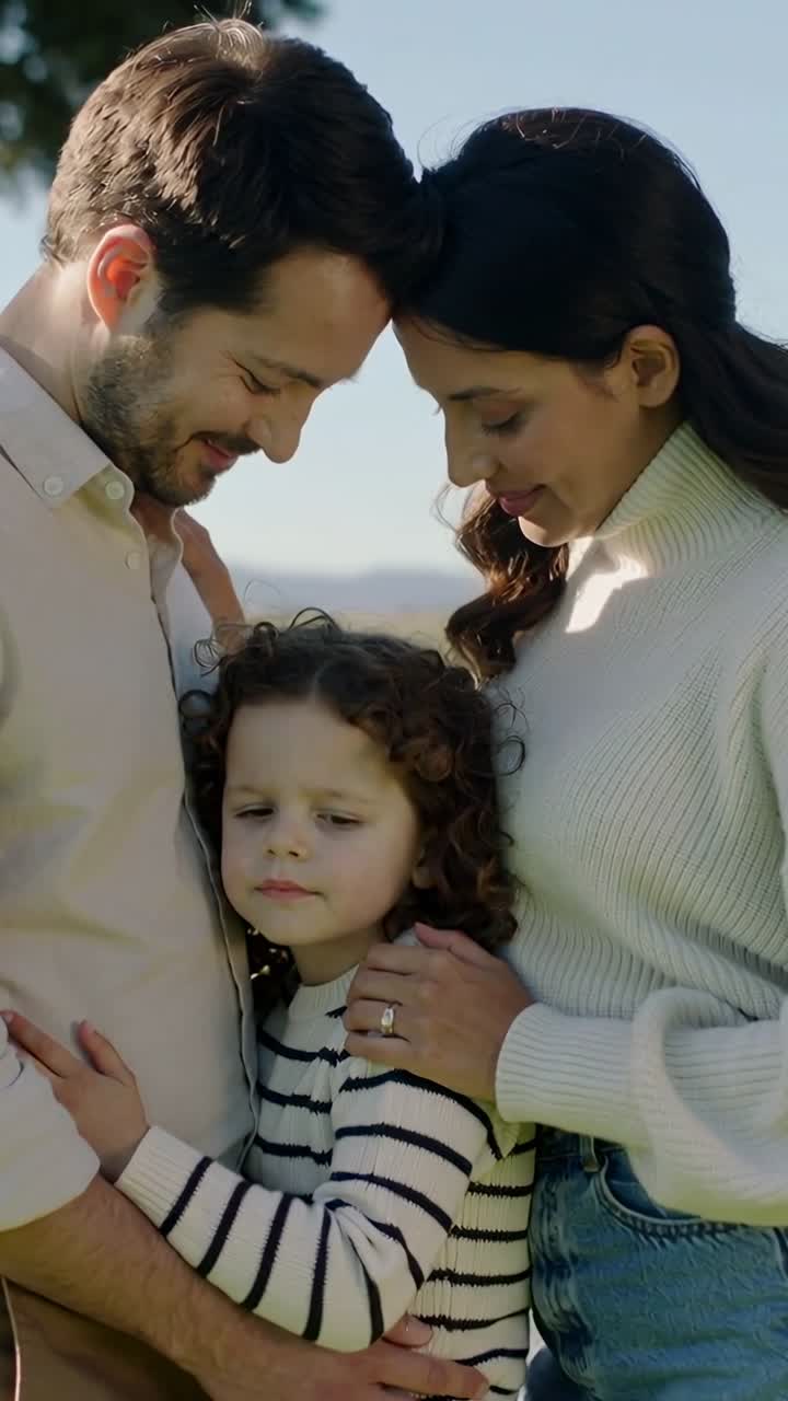 Video verticale: Genitori chinati che proteggono il bambino su un pendio, tenendo un maglione a righe e un anello.