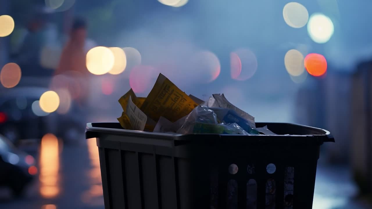 Cestino dei rifiuti in una notte piovosa in città