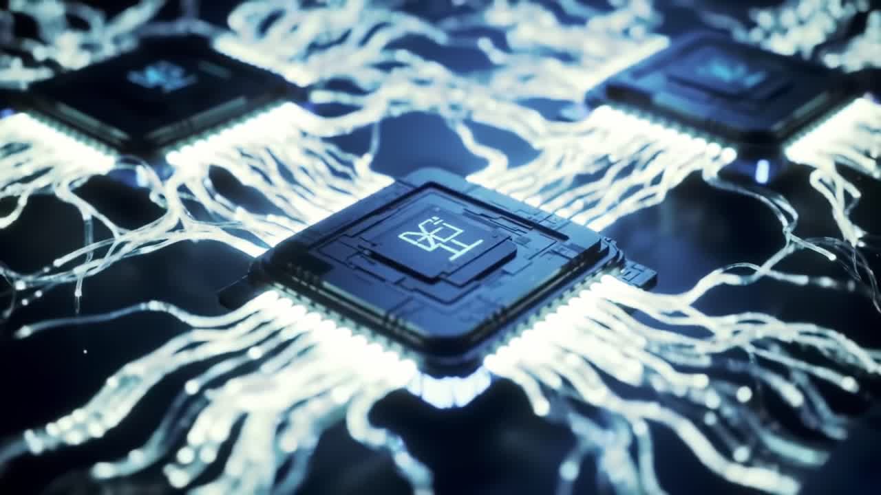 Exploring the Intricate Design of Modern Microprocessors: A Close-Up View of Processors Connected by Glowing Circuits and Complex Electrical Pathways