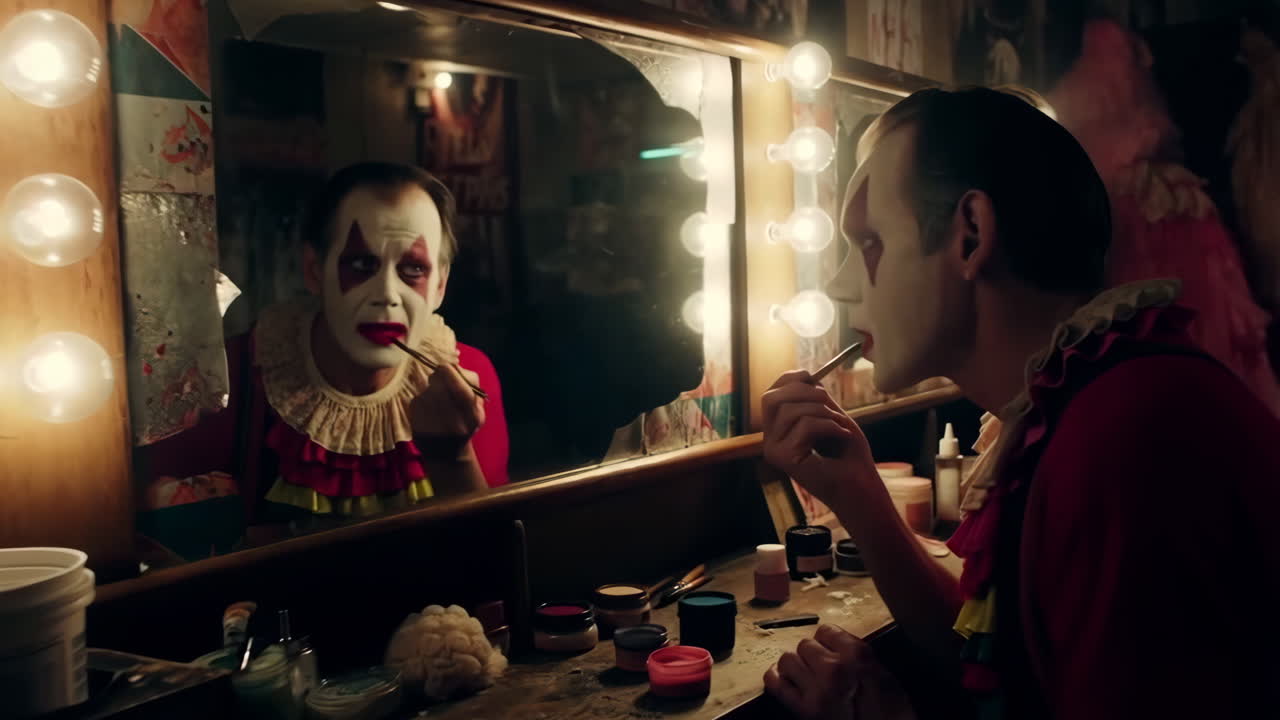 Clown Applying Makeup in Dressing Room Mirror