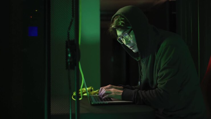 Hacker asiatico con la felpa con cappuccio che usa un portatile vicino ai server.