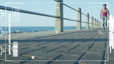 animation of statistics and graphs over woman jogging on promenade by the sea