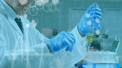 animación de procesamiento de datos médicos contra un científico caucásico que trabaja en un laboratorio