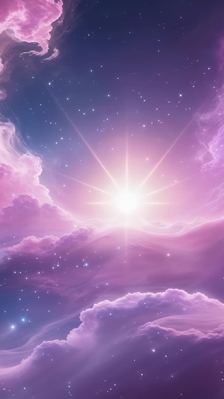 Vertical video: Glowing starburst in space, lighting violet-pink nebular clouds and scattered stars